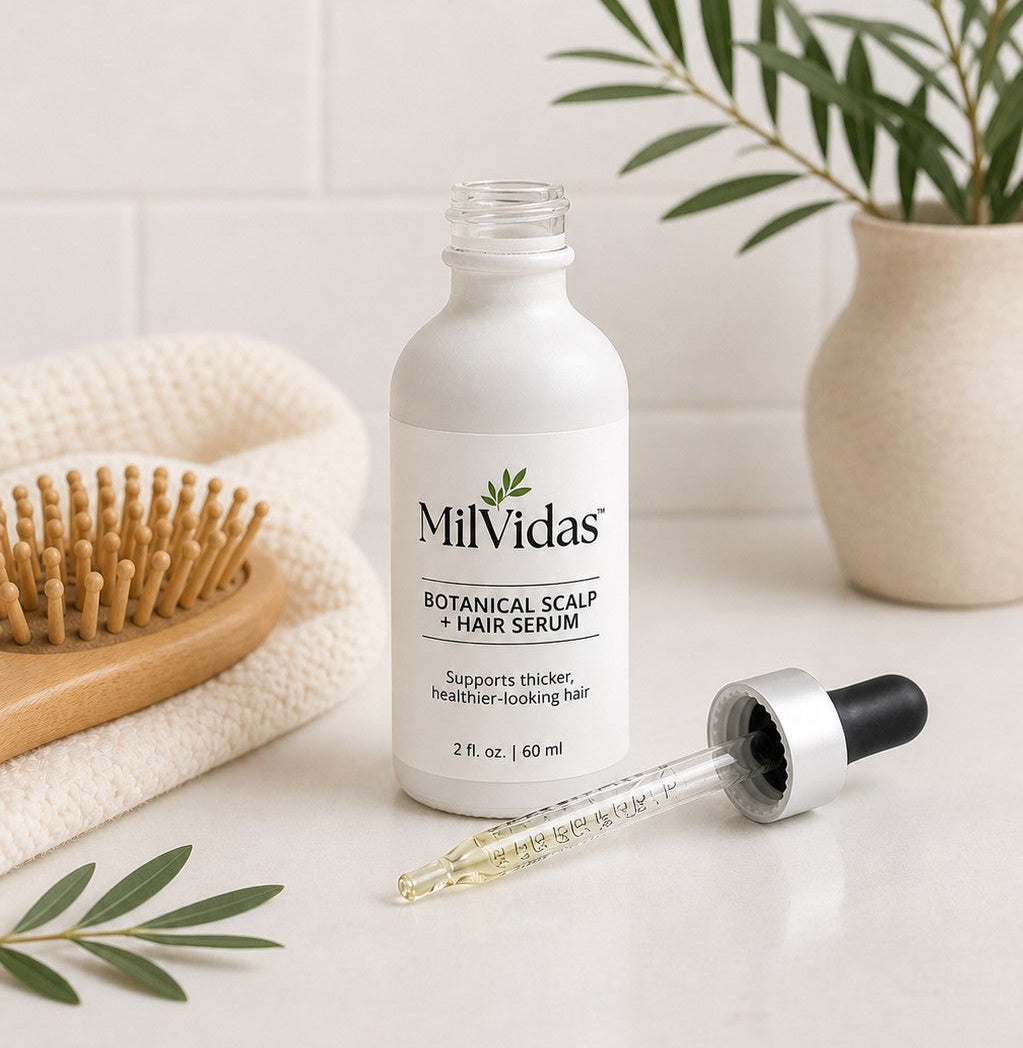 MilVidas botanical scalp and hair serum bottle with dropper on a white surface with a plant and towel in the background.