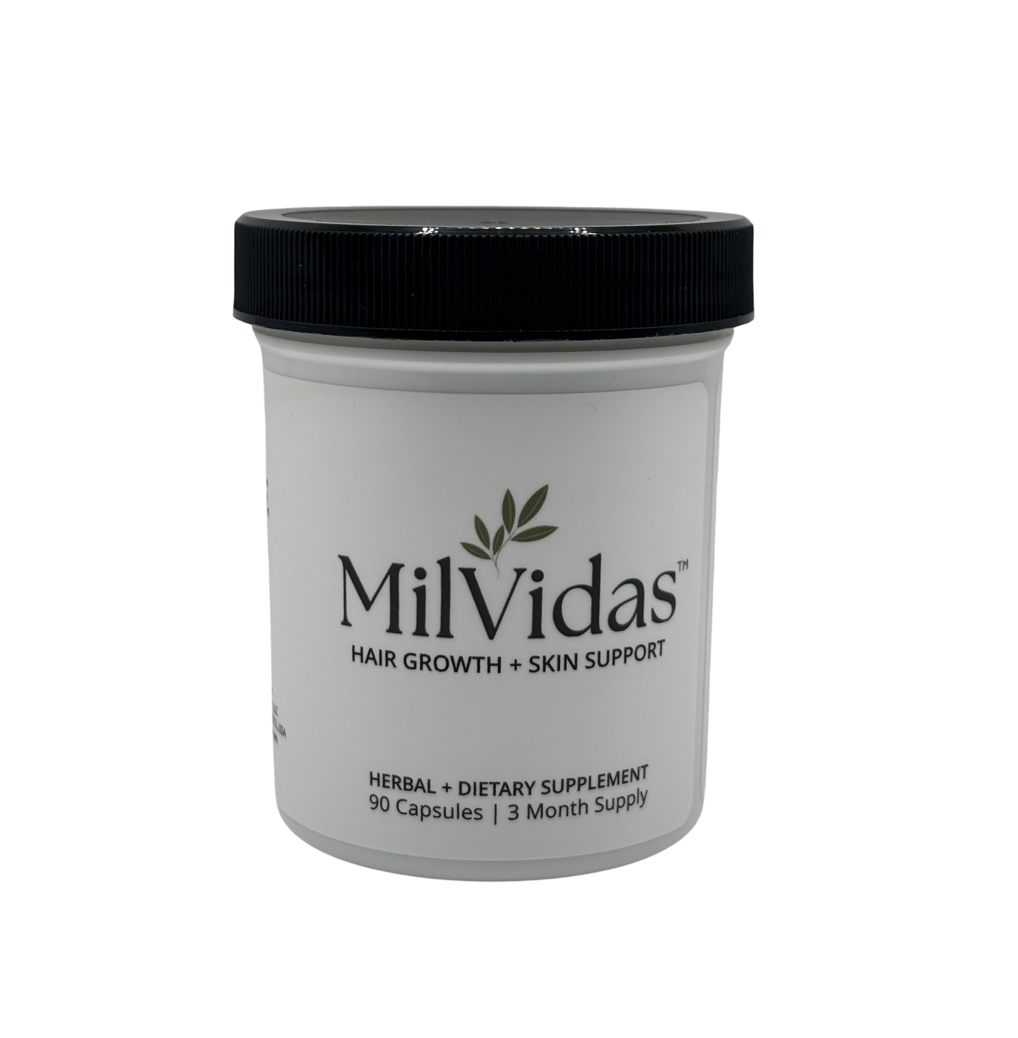 MilVidas hair growth and skin support supplement container on a white background