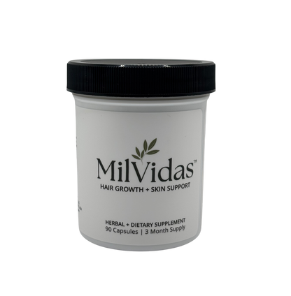 MilVidas hair growth and skin support supplement container on a white background
