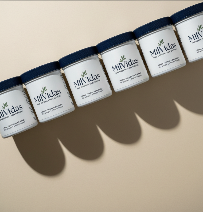 Aerial view of MilVidas Hair Growth + Skin Support Supplement jars