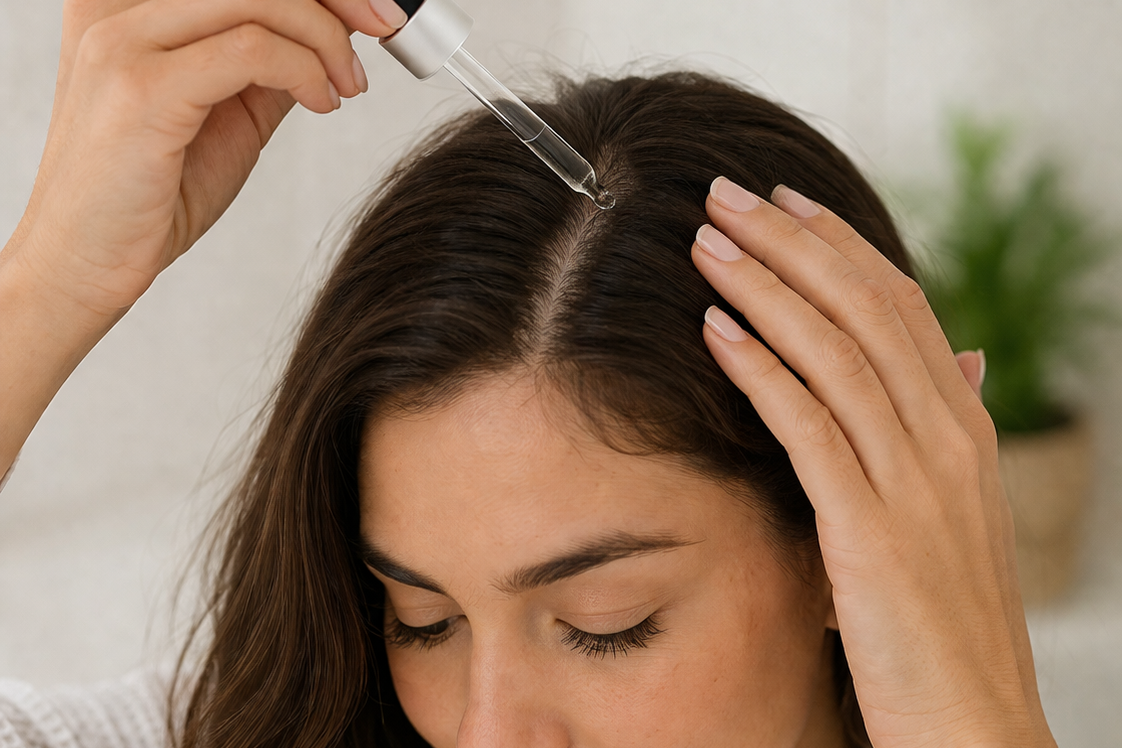 applying hair serum to scalp